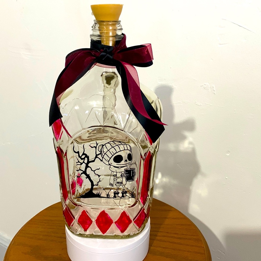 Handcrafted Caffeinated Skeleton stained glass jug lantern